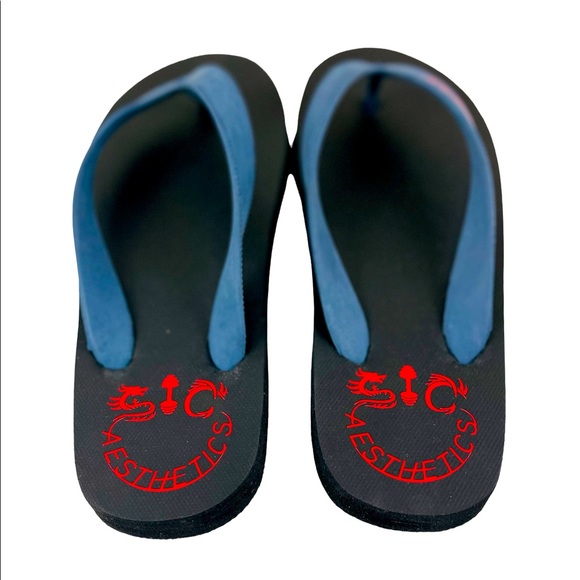 SIC AESTHETICS Flip Flops 100% Rubber Waterproof Surf&Pool 1 Pair Black/Blue - Picture 4 of 8